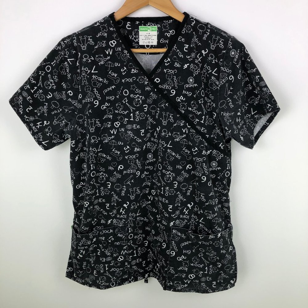 Health Pro Short Sleeve Black White Fun Scrub